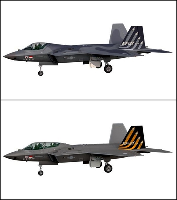 한국형 초음속전투기 KF-21 보라매 단좌식인 시제 3호기(위)와 복좌식인 시제 4호기의 외형 비교.(사진=방위사업청 제공)