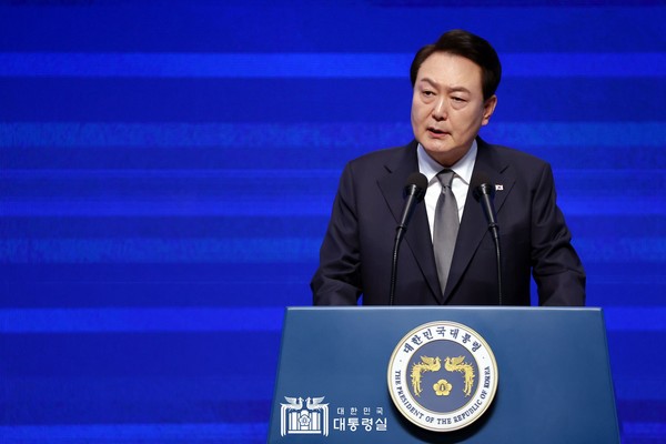 윤석열 대통령이 1일 서울 중구 정동 이화여고 내 유관순기념관에서 열린 제104주년 3·1절 기념식에서 기념사를 하고 있다. (사진=대통령실 제공)