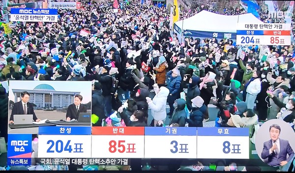 윤석열 대통령에 대한 2차 탄핵소추안이 14일 국회 본회의에서 최종 가결됨에 따라 윤 대통령의 국군통수권과 계엄선포권 등 일체의 권한이 중지됐다. (사진=MBC뉴스 화면 갈무리)