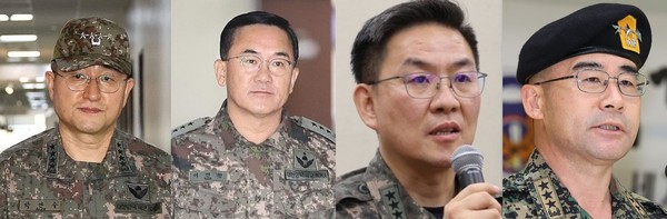 ‘12·3 불법계엄’ 사태로 구속된 박안수 육군참모총장·전 계엄사령관(왼쪽부터), 여인형 국군방첩사령관, 이진우 수도방위사령관, 곽종근 특수전사령관.