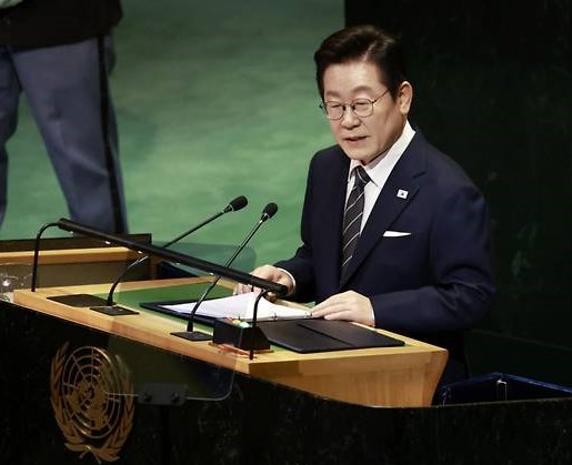 이재명 대통령이 23일(현지시간) 미국 뉴욕 유엔본부 총회장에서 기조연설을 하고 있다. (사진=대통령실 제공)